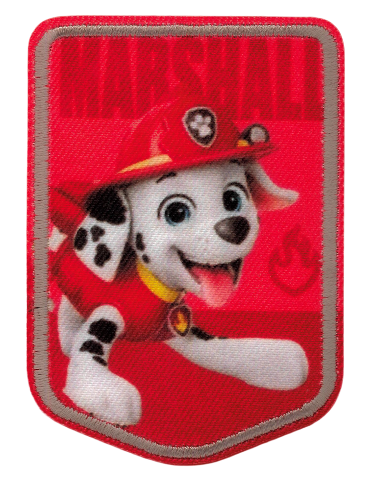 ”Rött Paw Patrol-tygmärke med Marshall i brandhjälm och texten MARSHALL upptill.”