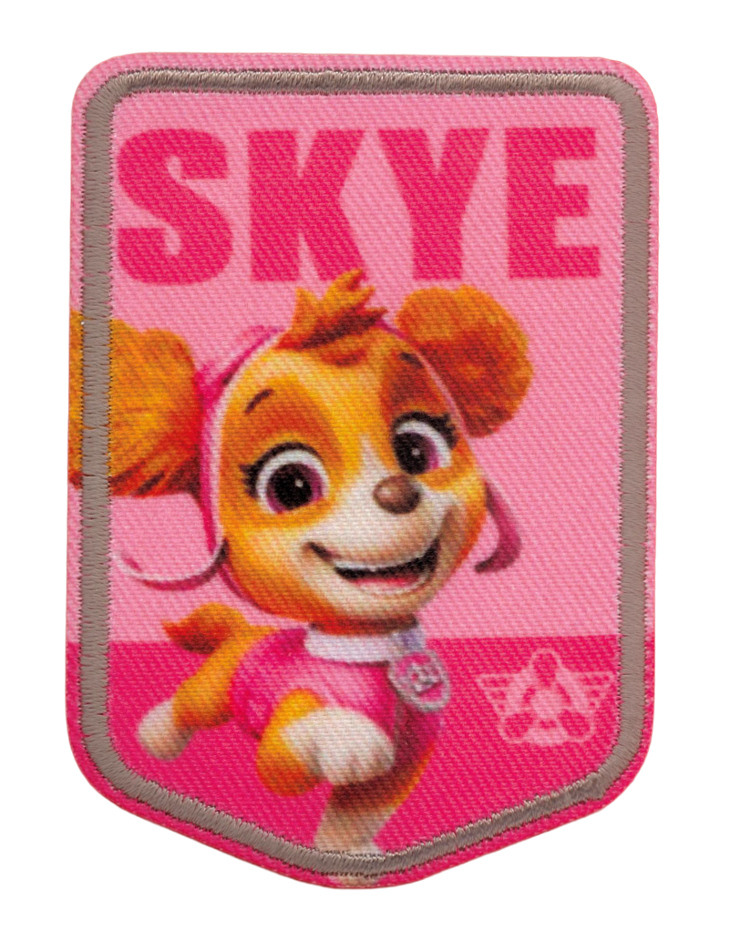 ”Rosa Paw Patrol-tygmärke med Skye i flygarutrustning och texten SKYE upptill.”