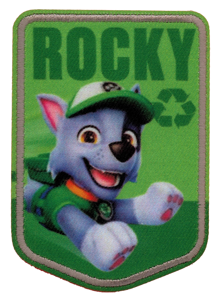 ”Grönt Paw Patrol-tygmärke med Rocky i grön keps och väst, texten ROCKY och en återvinningssymbol.”